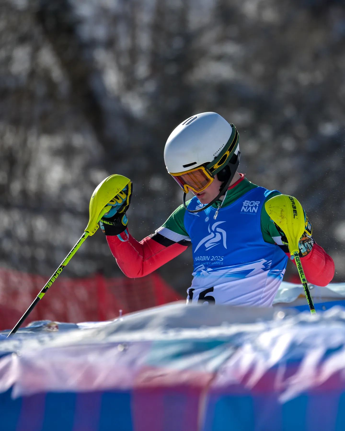 Alex Astridge at the finish of the slalom at the 2025 Asian Winter Games in Harbin